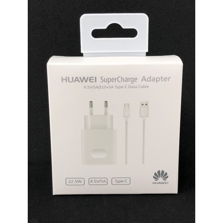 Pack complet chargeur secteur 22.5W et câble USB Type-C ORIGINAL Blanc de HUAWEI - Présentation de la boîte avant